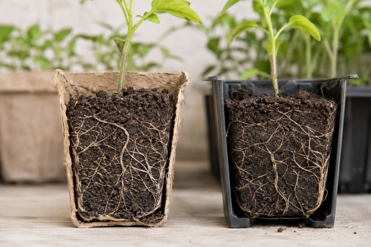 Seedling roots inside a paper pot and a removable plastic tray cell Seedling roots inside a paper pot and a removable plastic tray cell